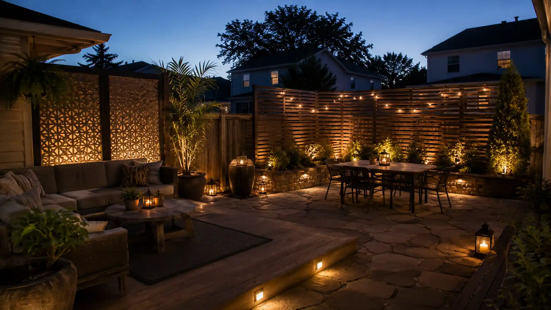 suburban backyard patio at night with lantern lighting, slatted privacy screens, and warm ambient outdoor seating area