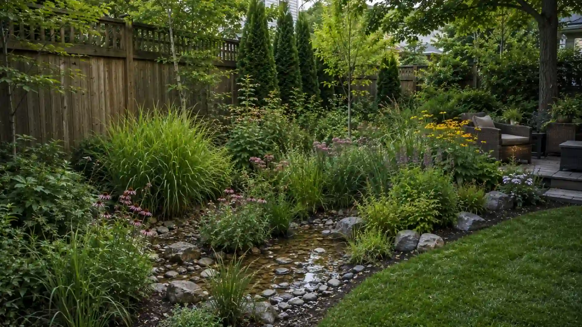 backyard rain garden with tall grasses, native plants, stone drainage bed, and wooden privacy fence