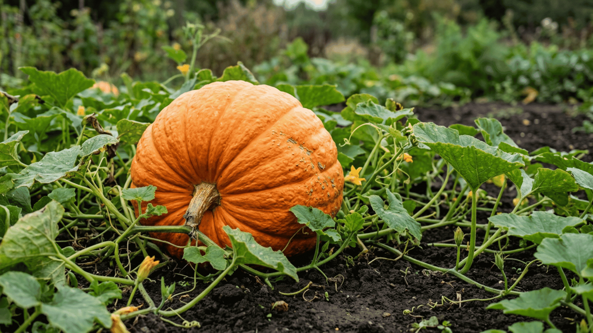 prizewinner pumpkin growing on dark garden soil surrounded by green vines curling tendrils
