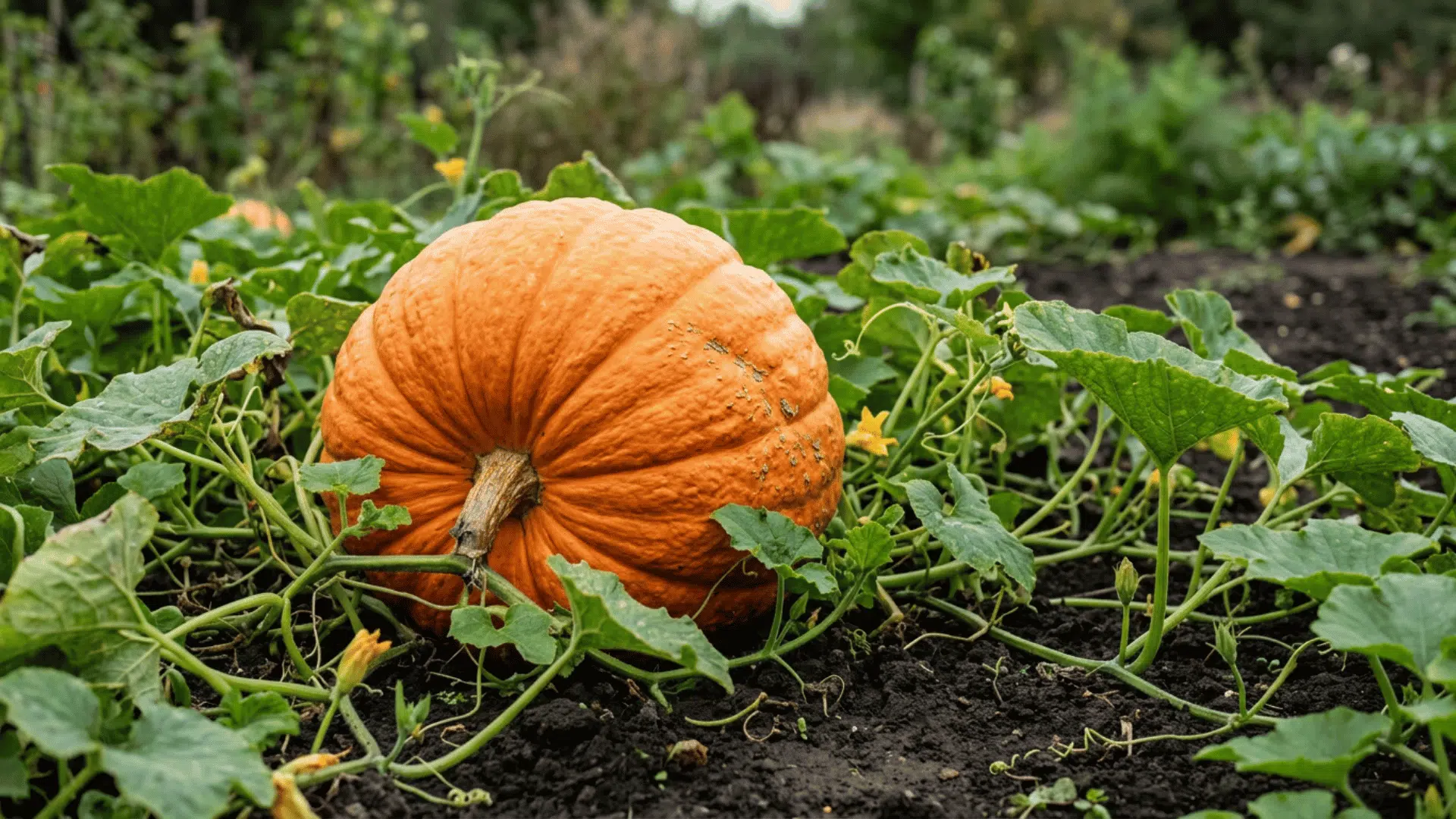 prizewinner pumpkin growing on dark garden soil surrounded by green vines curling tendrils