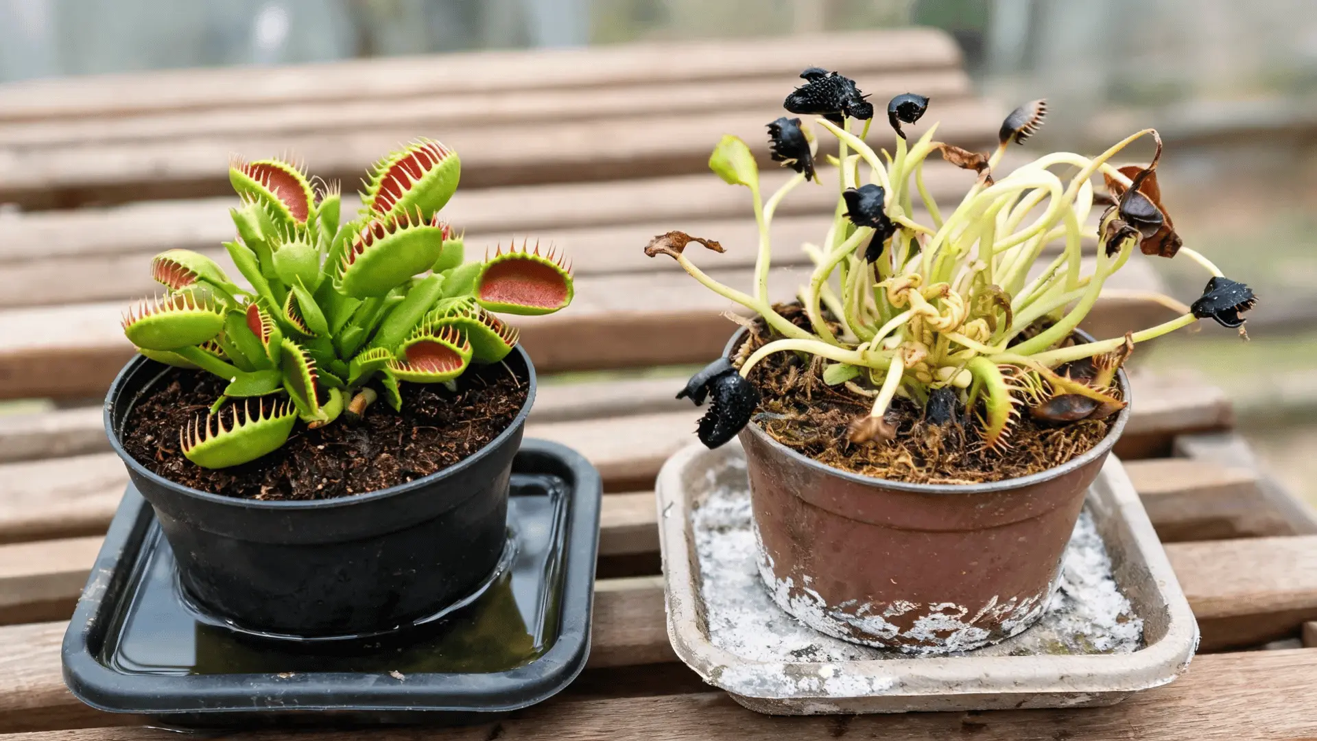 healthy and stressed venus flytraps showing differences in leaves traps and soil