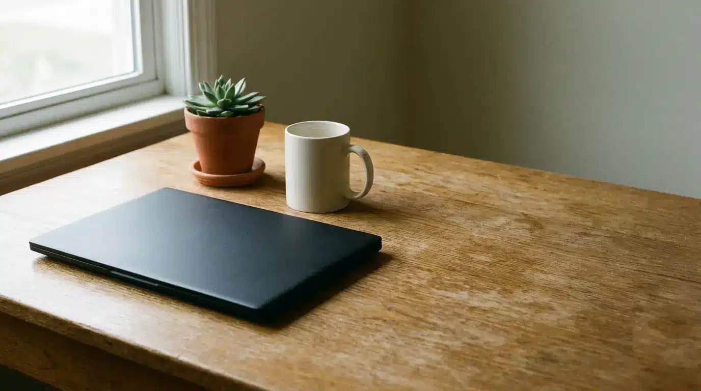 Black laptop, white mug, and potted succulent on wooden desk near window