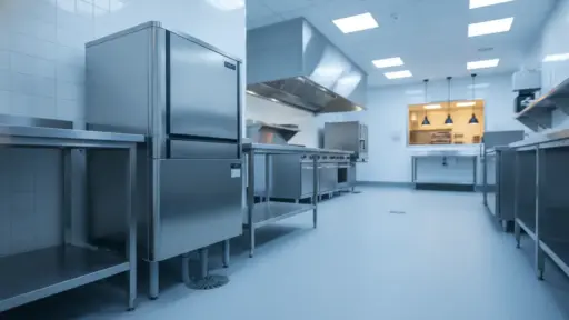 Modern stainless steel commercial kitchen with industrial appliances and overhead lighting