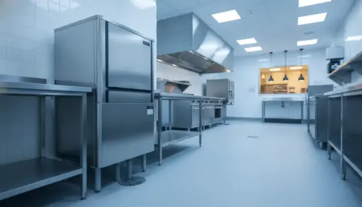 Modern stainless steel commercial kitchen with industrial appliances and overhead lighting