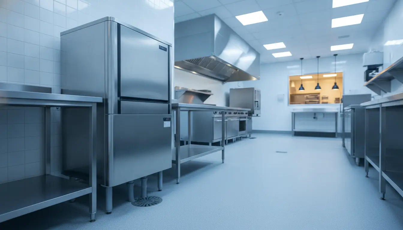Modern stainless steel commercial kitchen with industrial appliances and overhead lighting