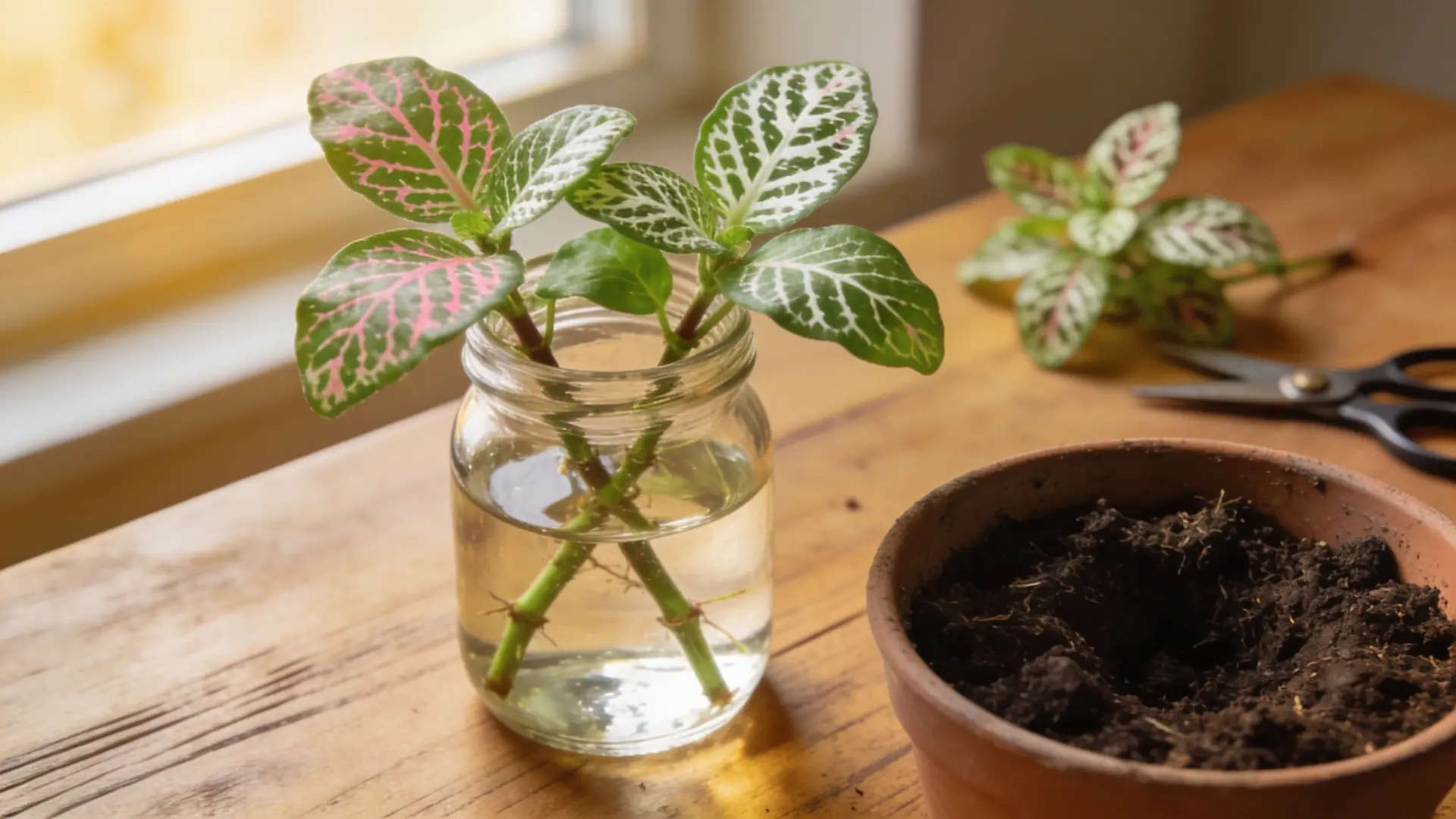 healthy fittonia stem cuttings rooting in water and moist soil under soft indirect indoor light