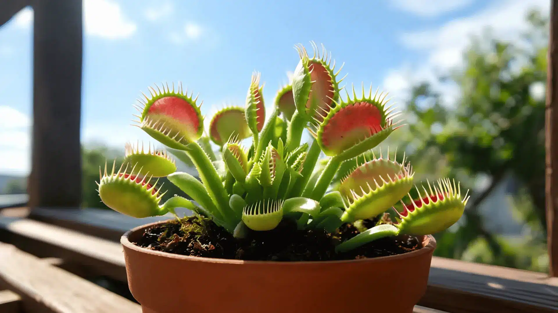 healthy venus flytrap receiving strong direct sunlight on a bright patio