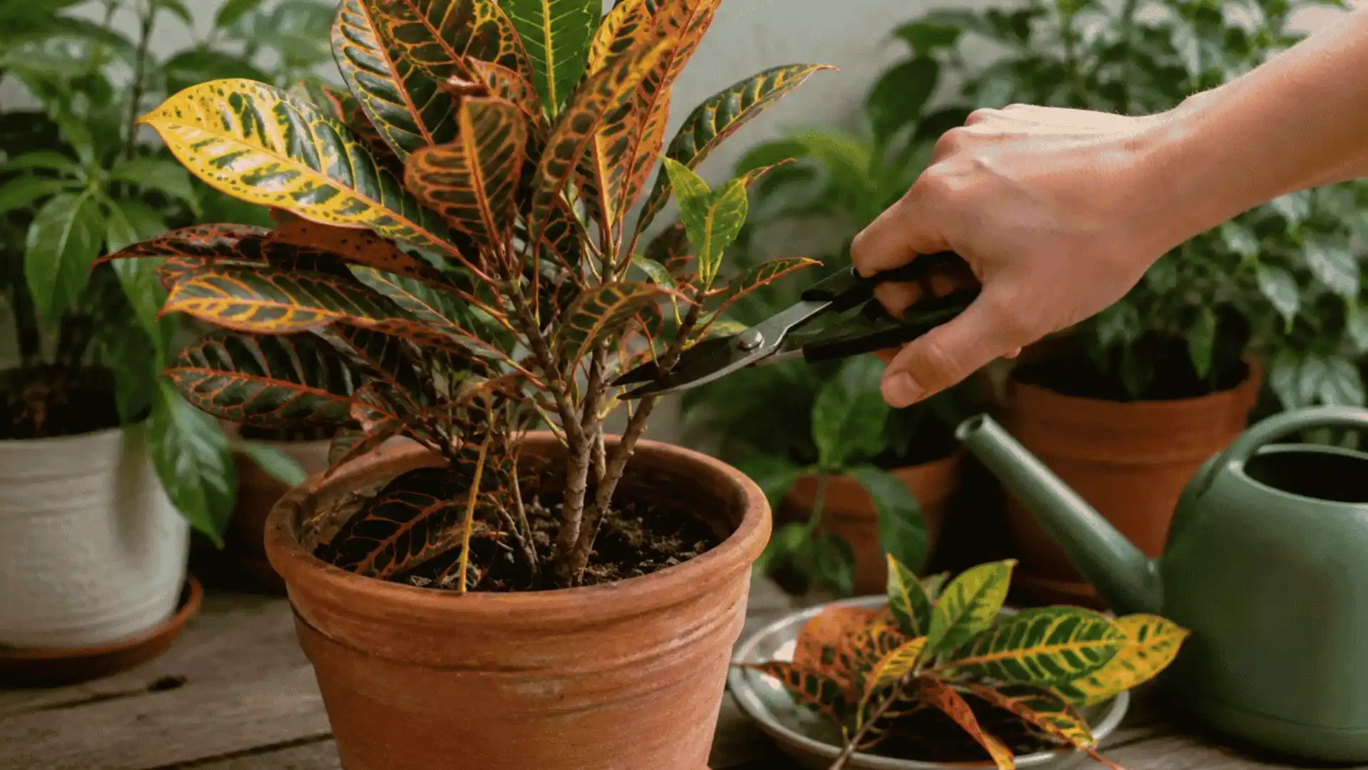 pruning and maintenance of croton plant to encourage bushier growth and remove damaged leaves