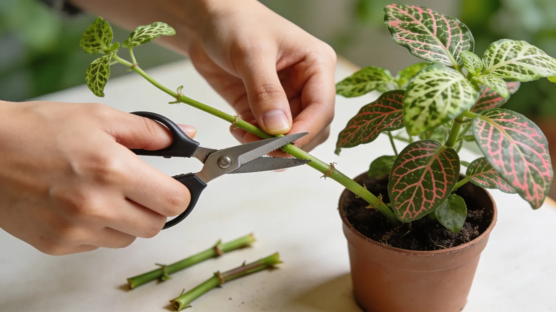 hands pruning a fittonia plant beside stem cuttings and colorful mini white and juanita varieties