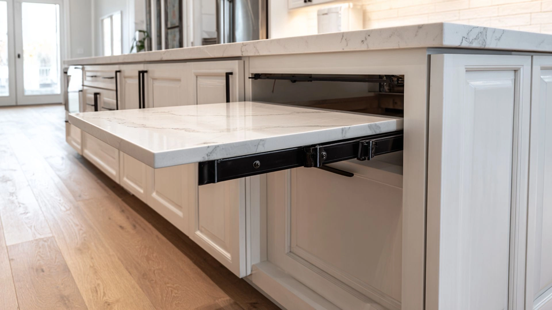 pull-out marble extension leaf fully extended from white kitchen island on black heavy-duty slide runners