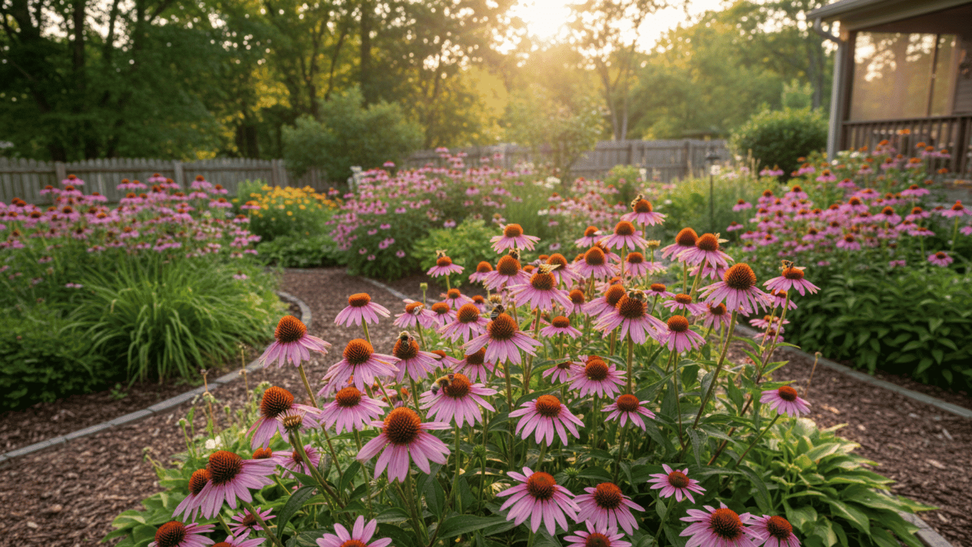 purple and pink coneflowers blooming in a sunny garden with butterflies bees and green foliage