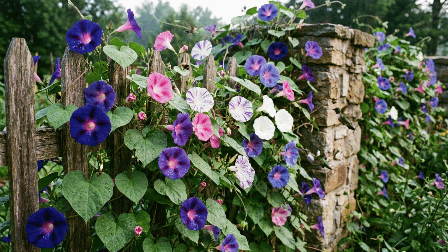 purple pink and white morning glory flowers climbing along a wooden fence beside a rustic stone garden wall