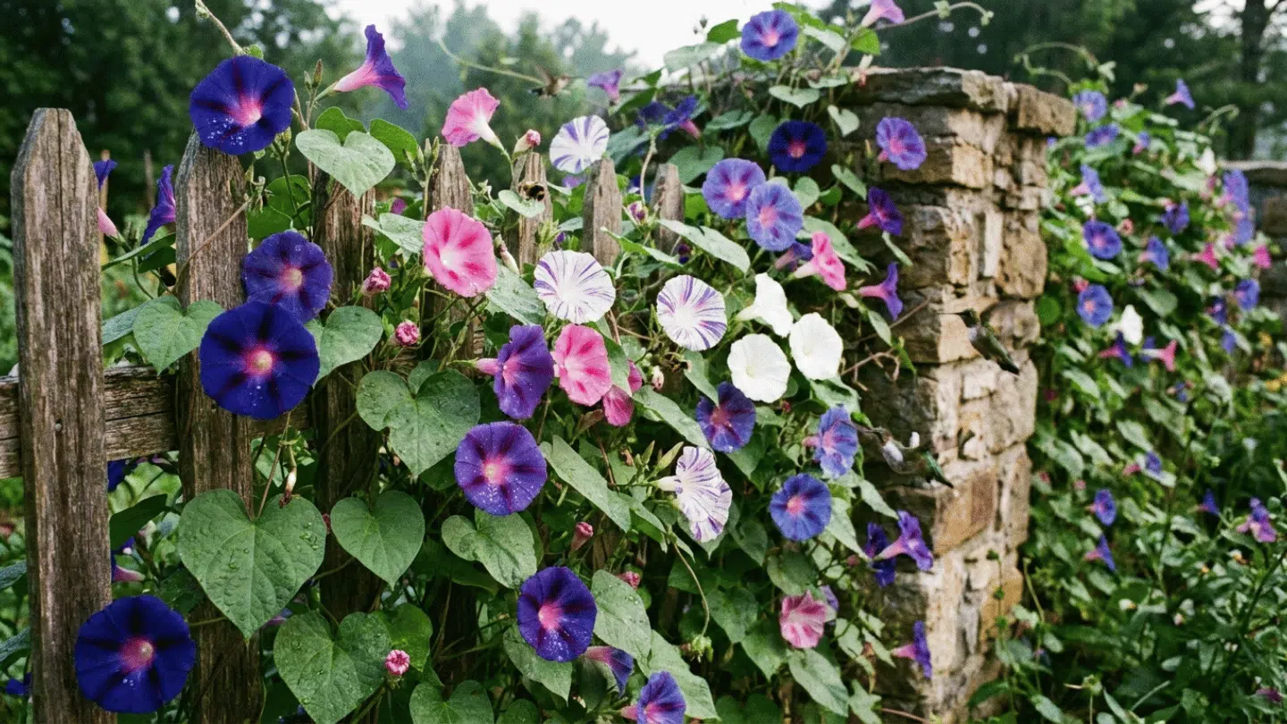 purple pink and white morning glory flowers climbing along a wooden fence beside a rustic stone garden wall