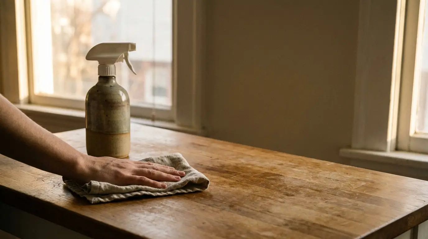 Hand wiping down wooden table with cloth next to spray bottle in sunlit room