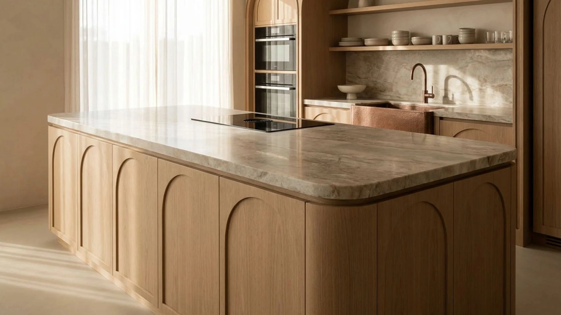 Claude responded: radius corner cabinet design with arched door panels on light oak island and stone countertopradius corner cabinet design with arched door panels on light oak island and stone countertop