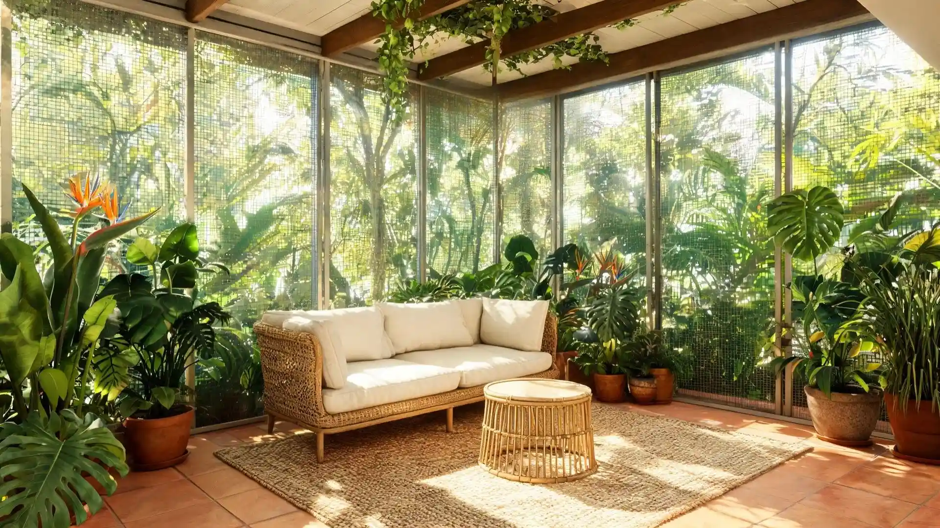 wicker sofa with cream cushions surrounded by monstera and bird-of-paradise plants on terracotta tile