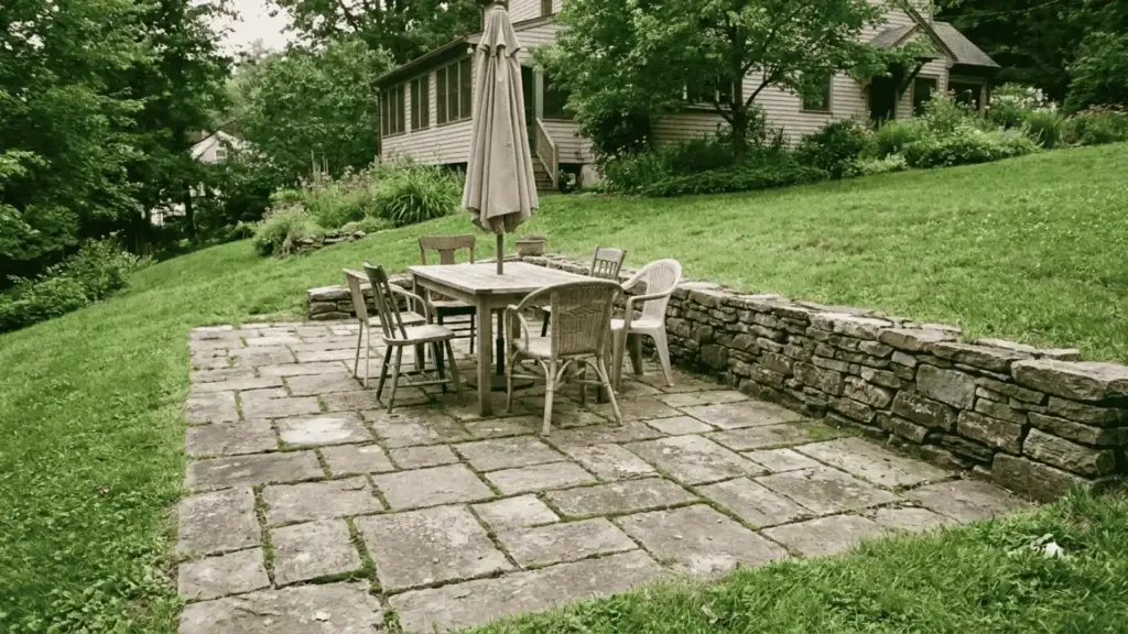 raised paver patio with a dining table built into a sloped backyard section
