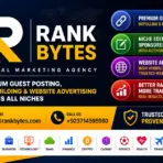 Digital marketing agency poster with bold text and colorful service icons on dark background