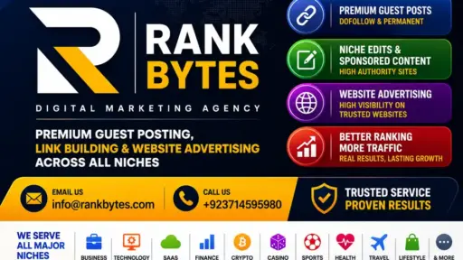 Digital marketing agency poster with bold text and colorful service icons on dark background