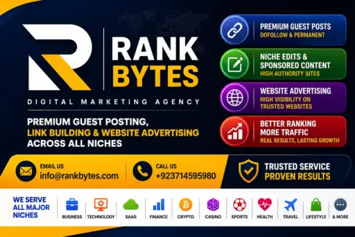 Digital marketing agency poster with bold text and colorful service icons on dark background