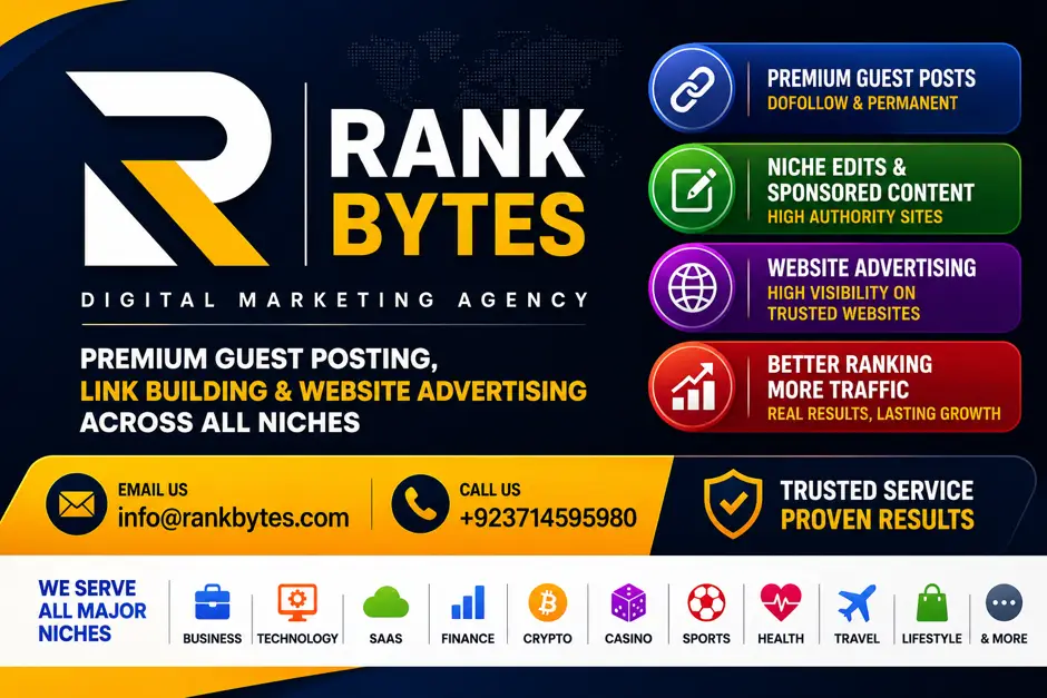 Digital marketing agency poster with bold text and colorful service icons on dark background