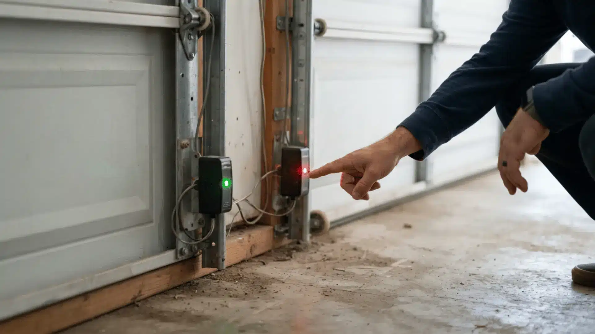 a hand points at a red light on one garage door sensor beside another sensor with a green light near the track