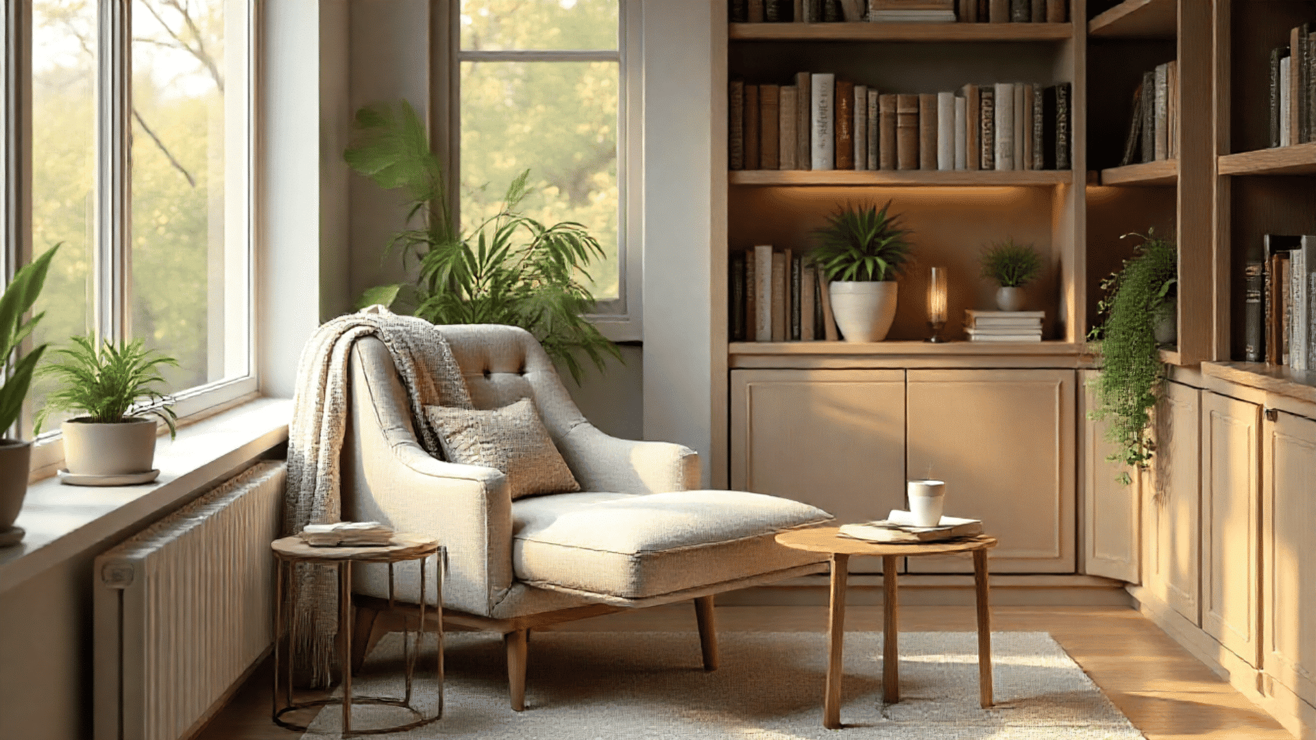 reading corner with plush armchair wooden side table warm lamp bookshelf soft throw blanket coffee cup indoor plants cozy morning ambiance natural light
