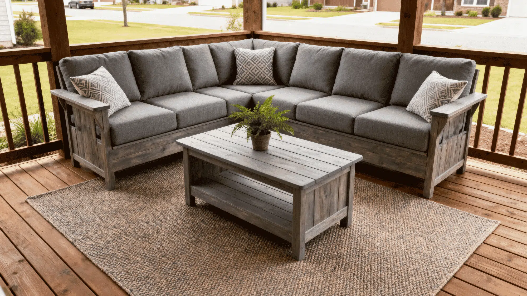 realistic suburban covered porch with a wooden loveseat coffee table and patterned pillows