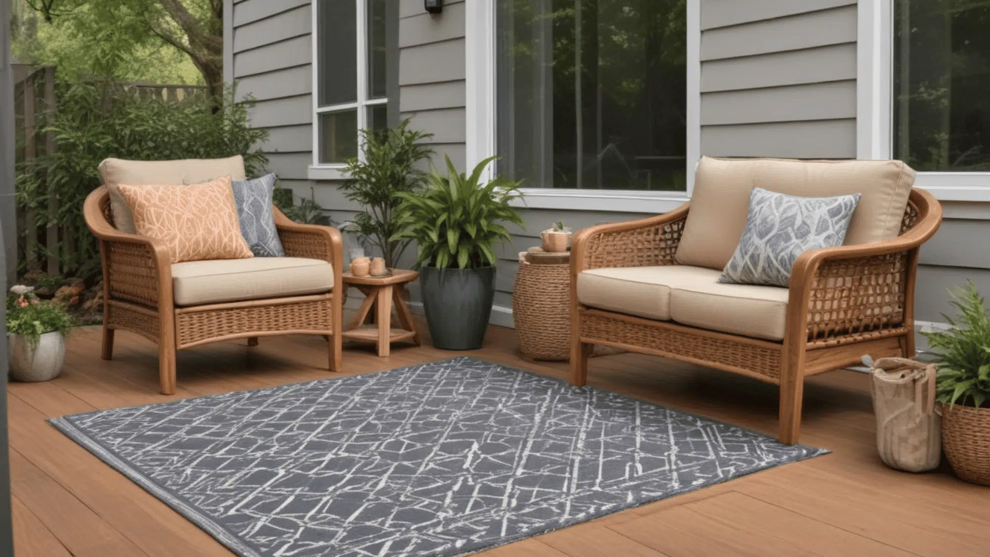 realistic suburban porch with weather resistant wicker chair treated wood table and a damp rated outdoor rug