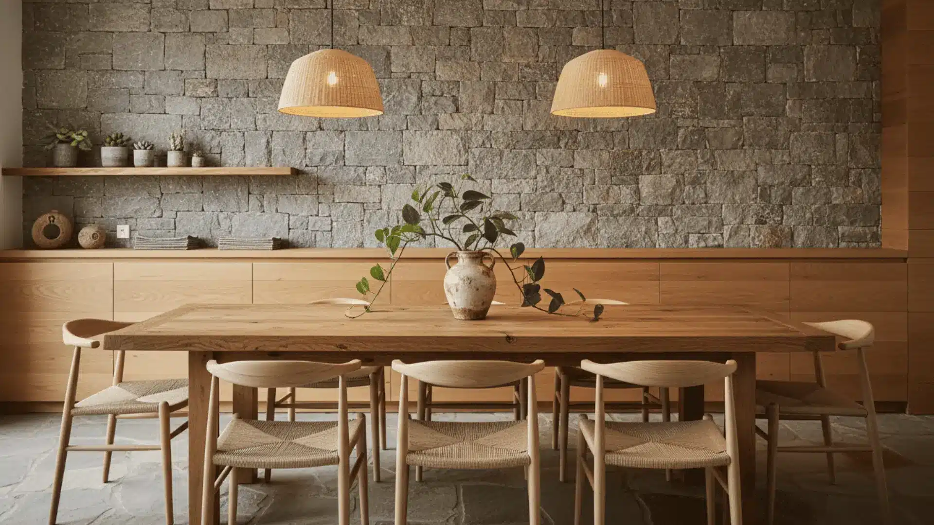 warm dining room with long wood table woven chairs stone wall pendant lights and a ceramic vase with leafy stems