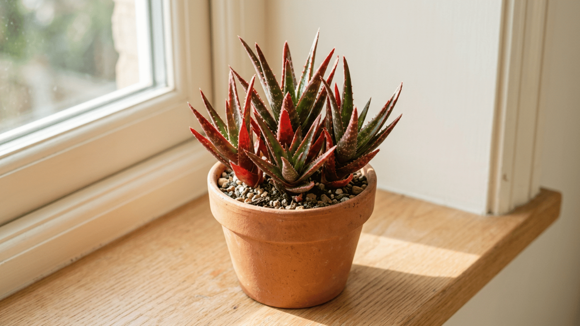 red and green succulent in a terracotta pot on a wooden windowsill beside a bright sunlit window