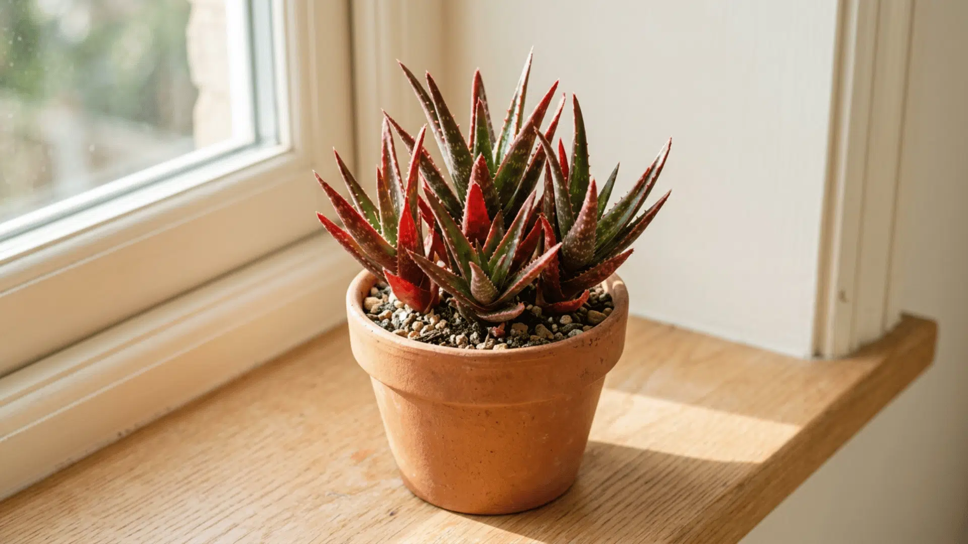 red and green succulent in a terracotta pot on a wooden windowsill beside a bright sunlit window