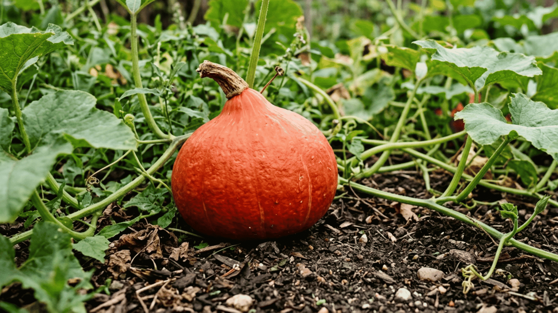 red kuri pumpkin growing on dark garden soil surrounded by green vines curling tendrils and broad leaves