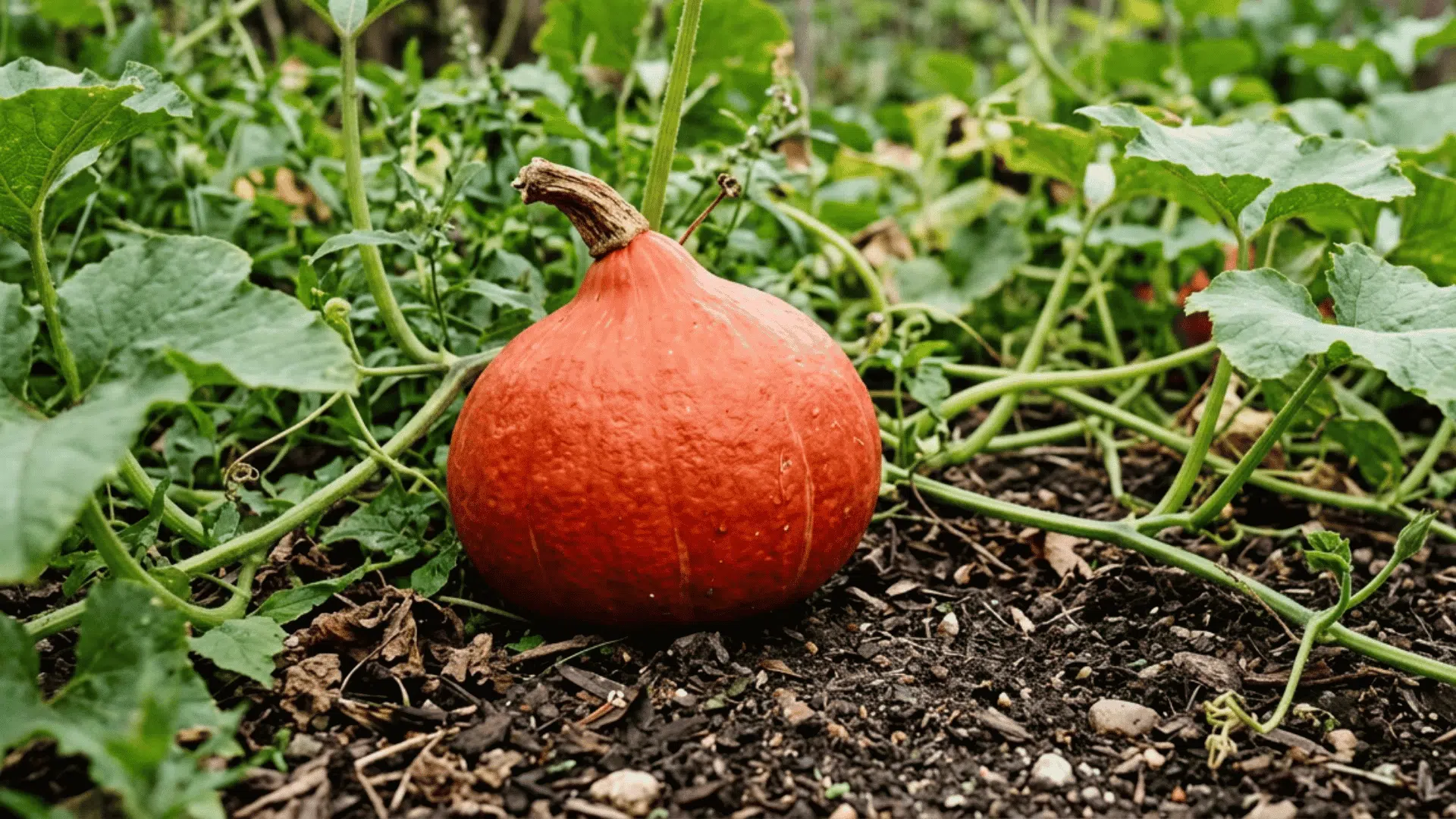 red kuri pumpkin growing on dark garden soil surrounded by green vines curling tendrils and broad leaves