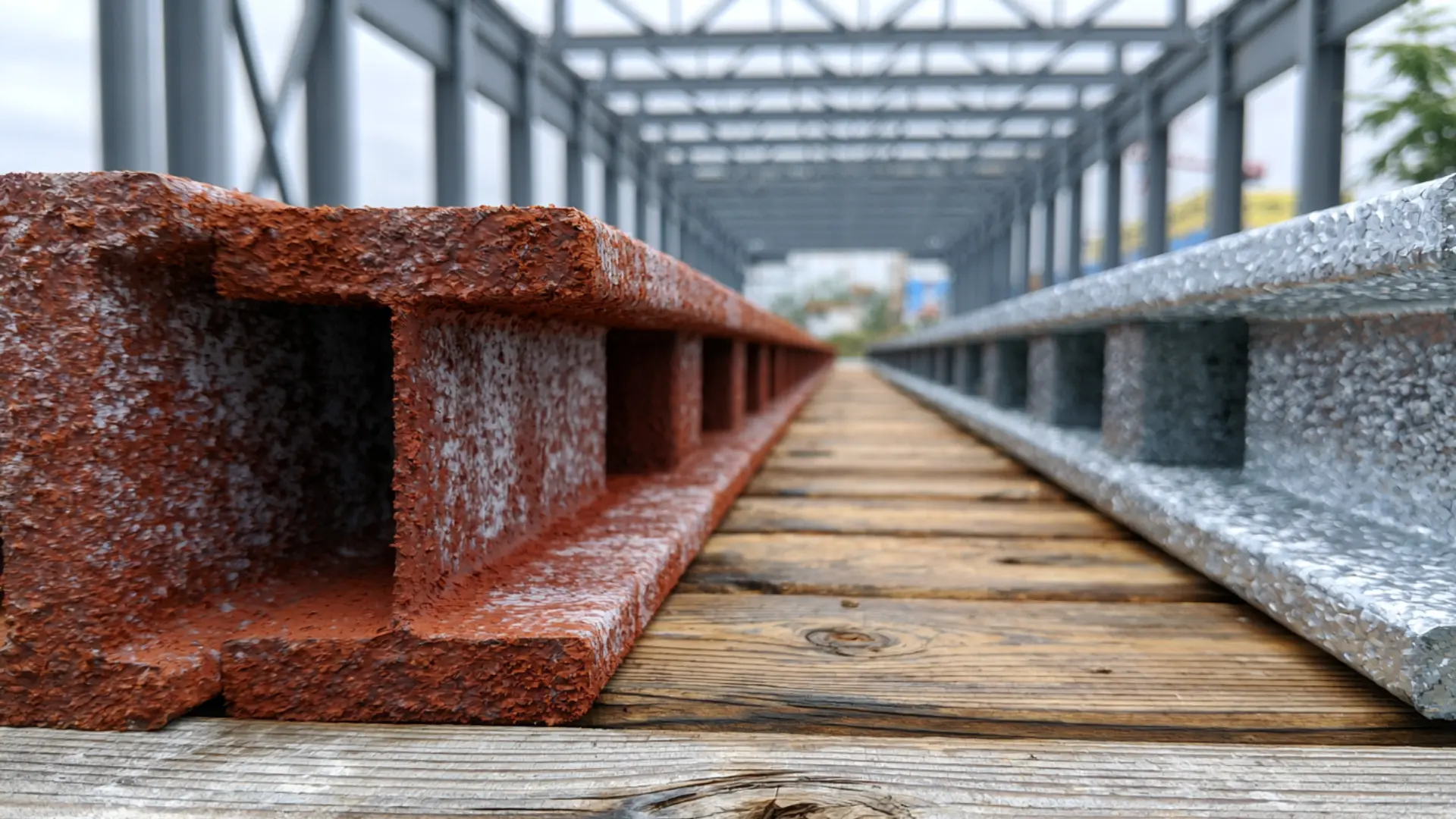 red oxide purlins next to galvanized purlins on job site floor