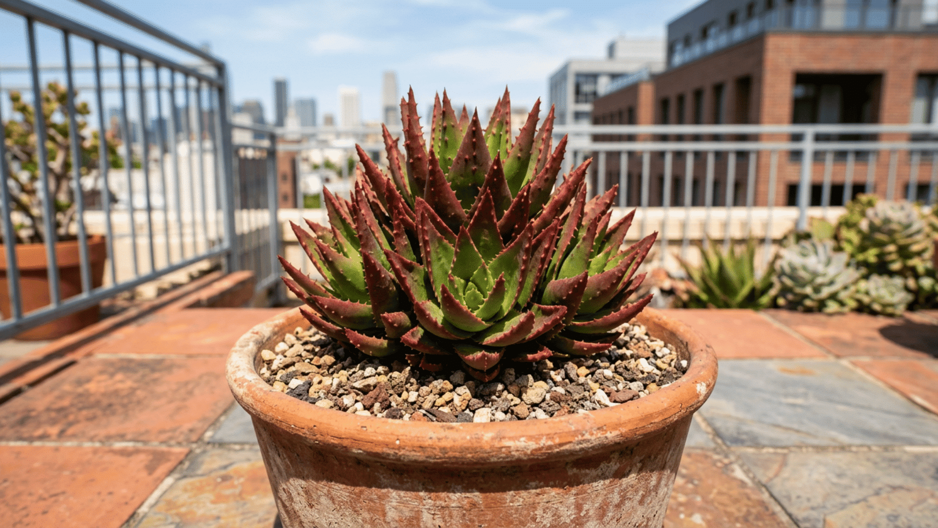 red tipped succulent in a terracotta pot on a sunny rooftop terrace with city buildings blurred behind it