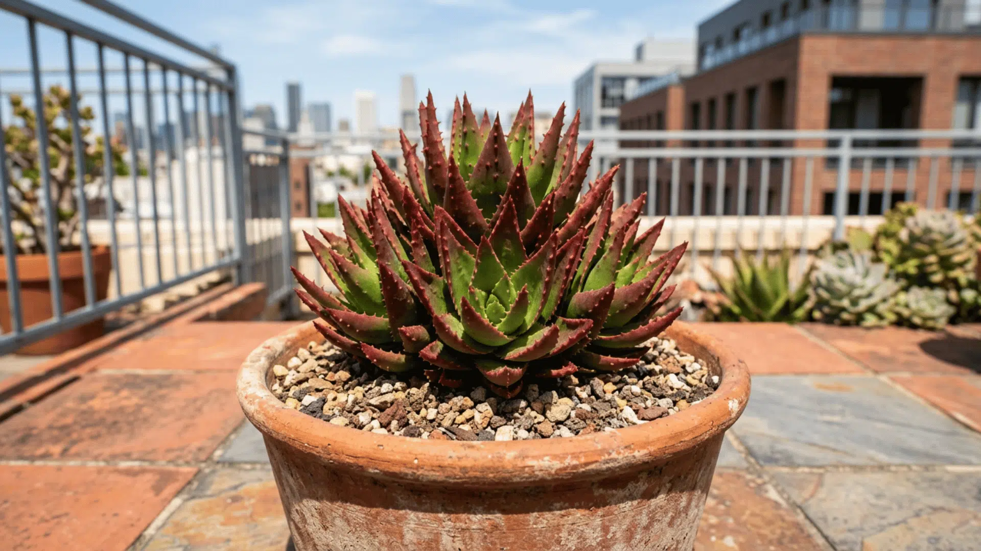 red tipped succulent in a terracotta pot on a sunny rooftop terrace with city buildings blurred behind it