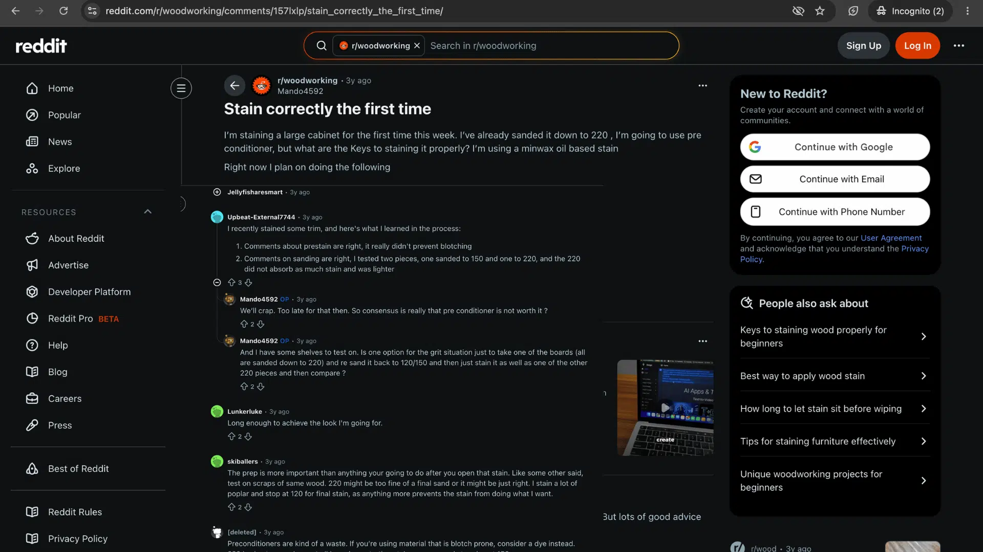 reddit discussion on staining wood correctly for the first time
