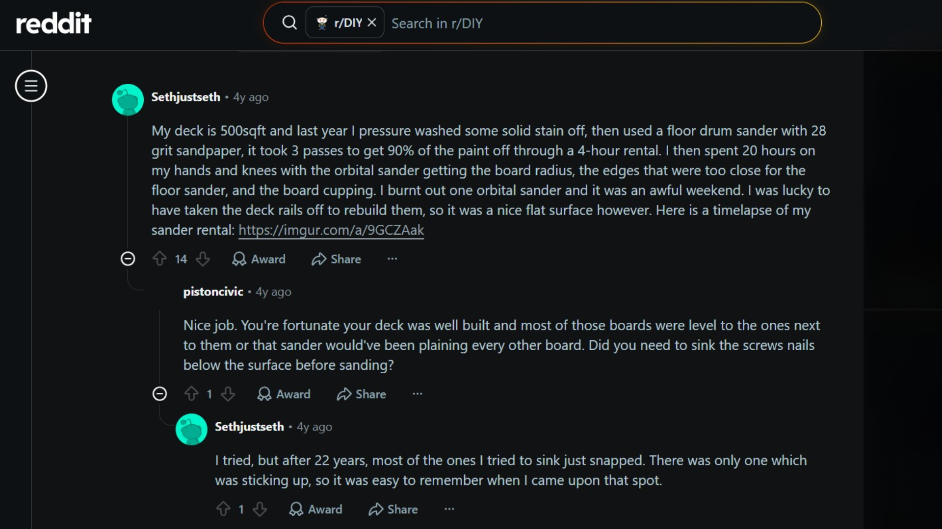 reddit section discussing about deck stain