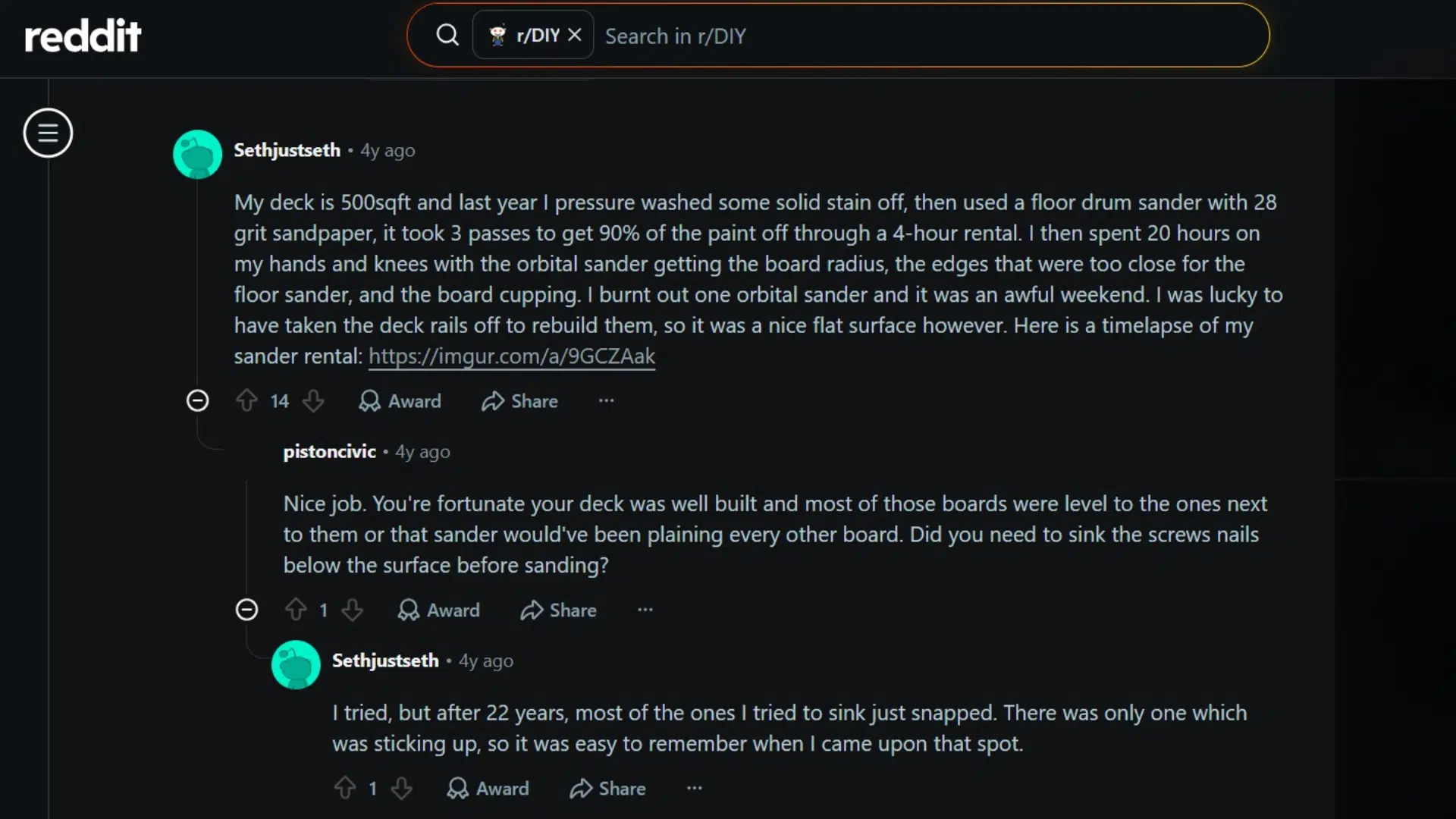 reddit section discussing about deck stain