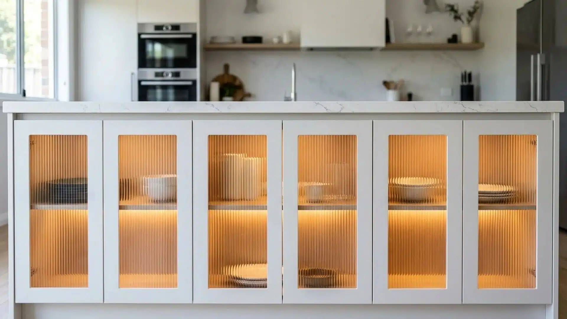 reeded glass cabinet door inserts with warm amber interior lighting displayed on white kitchen island