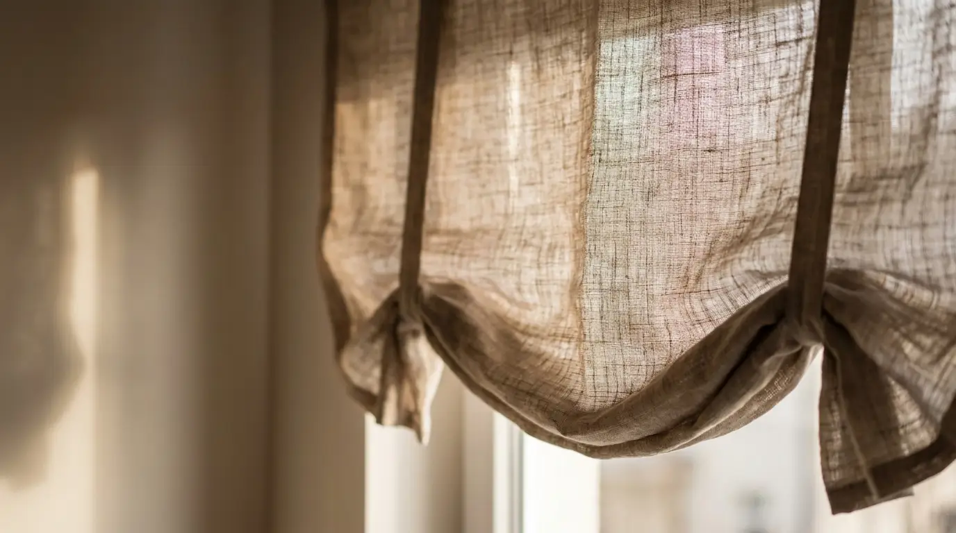 Brown linen curtain with gentle sunlight filtering through in a cozy indoor setting