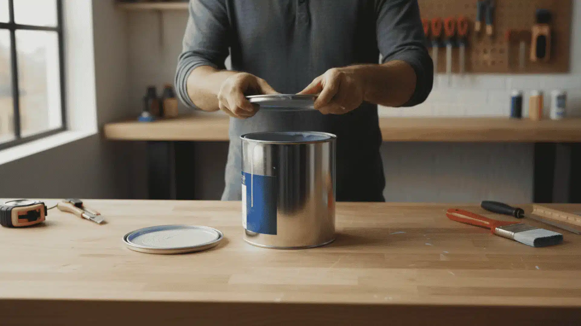 person lifting paint can lid over open can on wooden workbench with brushes tools and blue paint