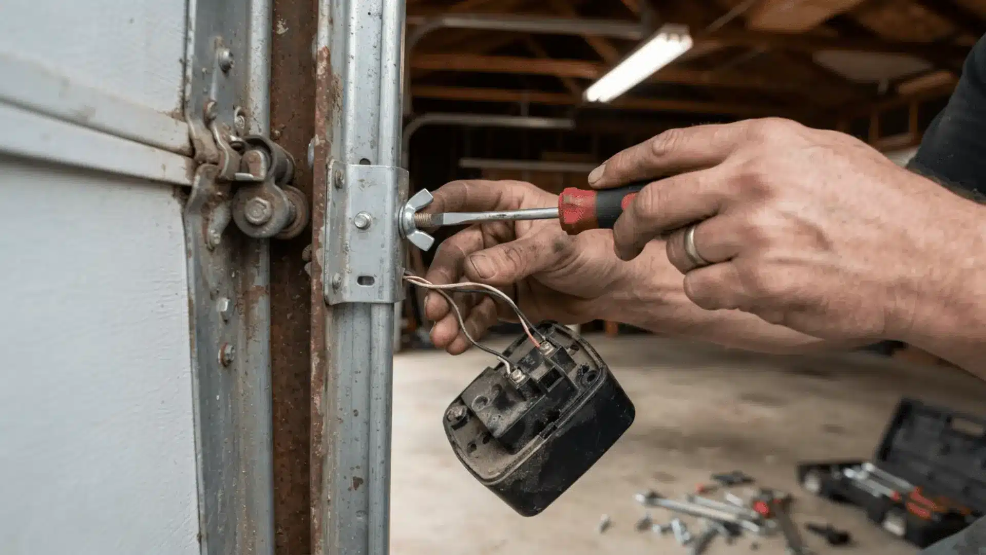 hands use a screwdriver to tighten a garage door sensor bracket while loose wires hang from the device