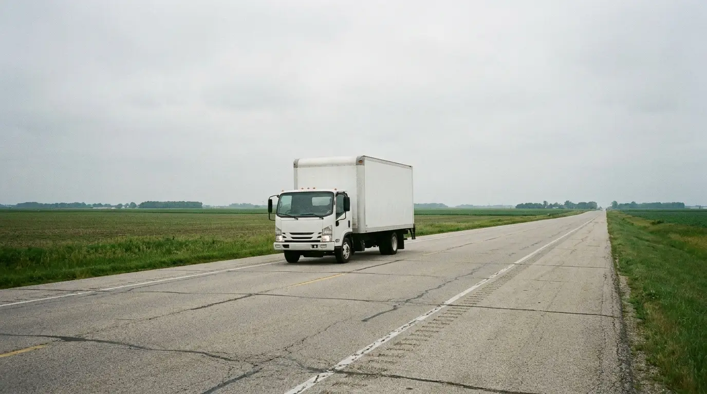 Delivery truck driving on a long, empty rural road under cloudy skies