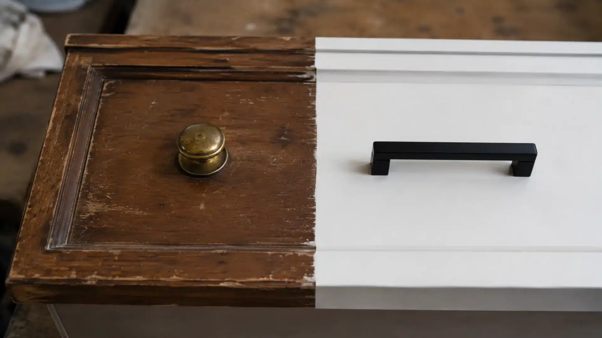 a close-up realistic photograph taken from a slightly elevated angle showing a dresser drawer front divided visually down the middle, with the left half displaying an old tarnished brass knob with visible scratches and oxidation against a worn surface and the right half showing a brand new sleek matte black cabinet pull freshly installed against a smooth freshly painted white surface, the dramatic contrast between the two sides clearly communicating the value of replacing old hardware when furniture flipping