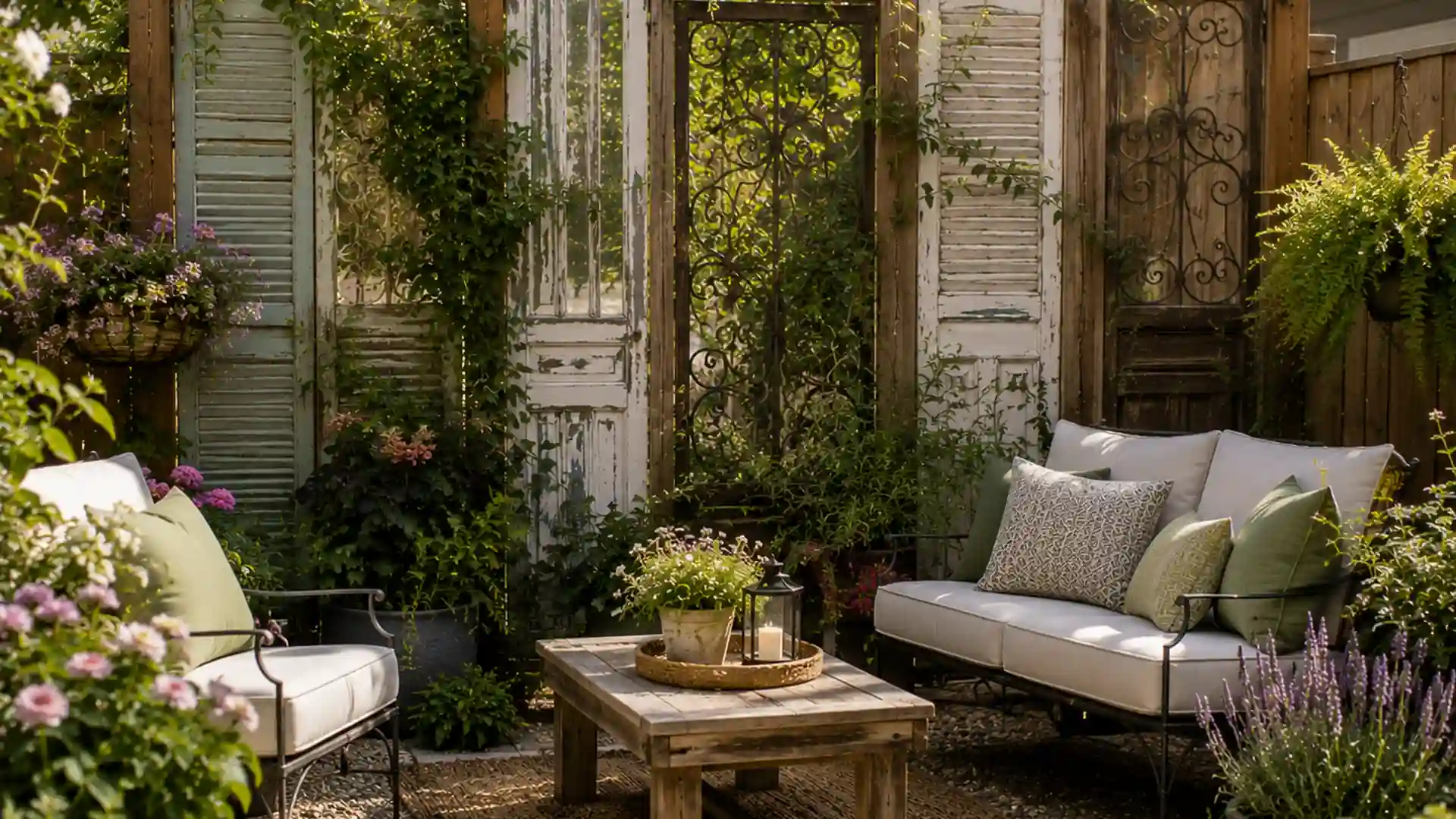 backyard privacy screen made from vintage shutters, iron panels, cozy seating, and layered garden plants