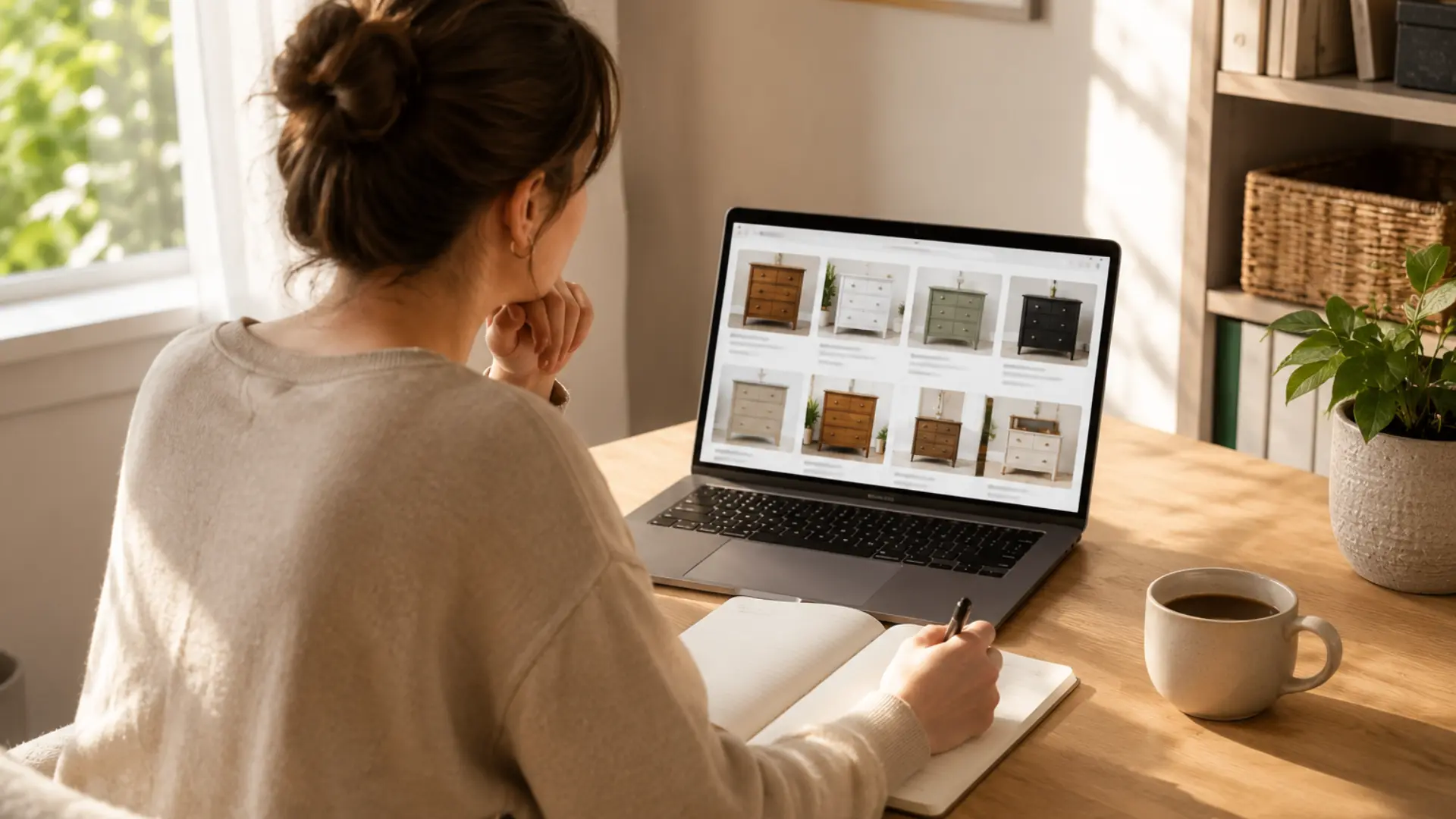 a realistic lifestyle photograph of a person sitting at a light wood desk in a bright home office leaning slightly forward while looking at a laptop screen showing blurred furniture listing thumbnails, with one hand resting on a pen over an open notebook, a cup of coffee placed to the side, and warm afternoon light coming through a nearby window, capturing the process of researching the local resale market before starting furniture flipping