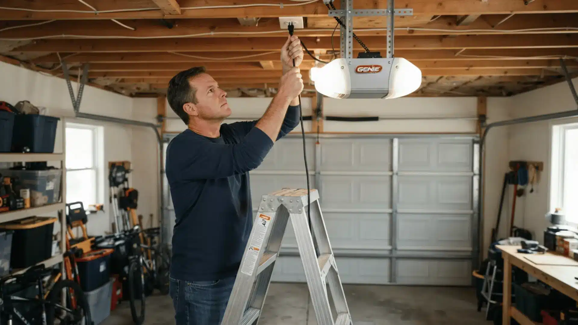 a man stands on a ladder plugging in a ceiling mounted garage door opener inside a tidy home garage