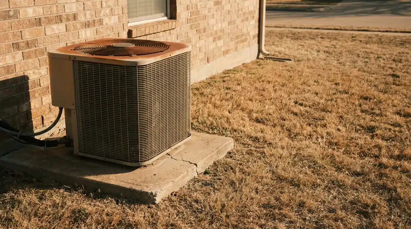 Outdoor air conditioning unit on concrete slab next to brick wall in dry grassy yard